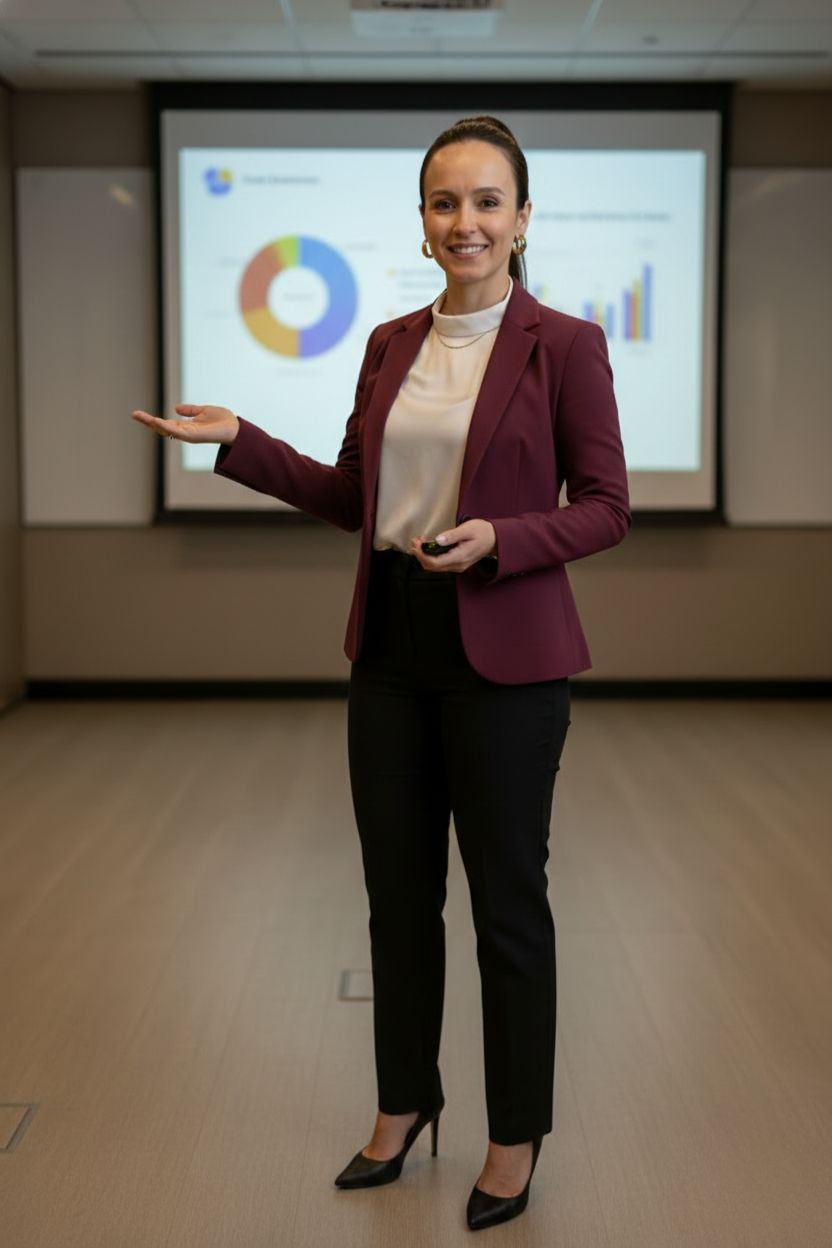 Consultora apresentando resultados em dashboard com gráficos e projeções