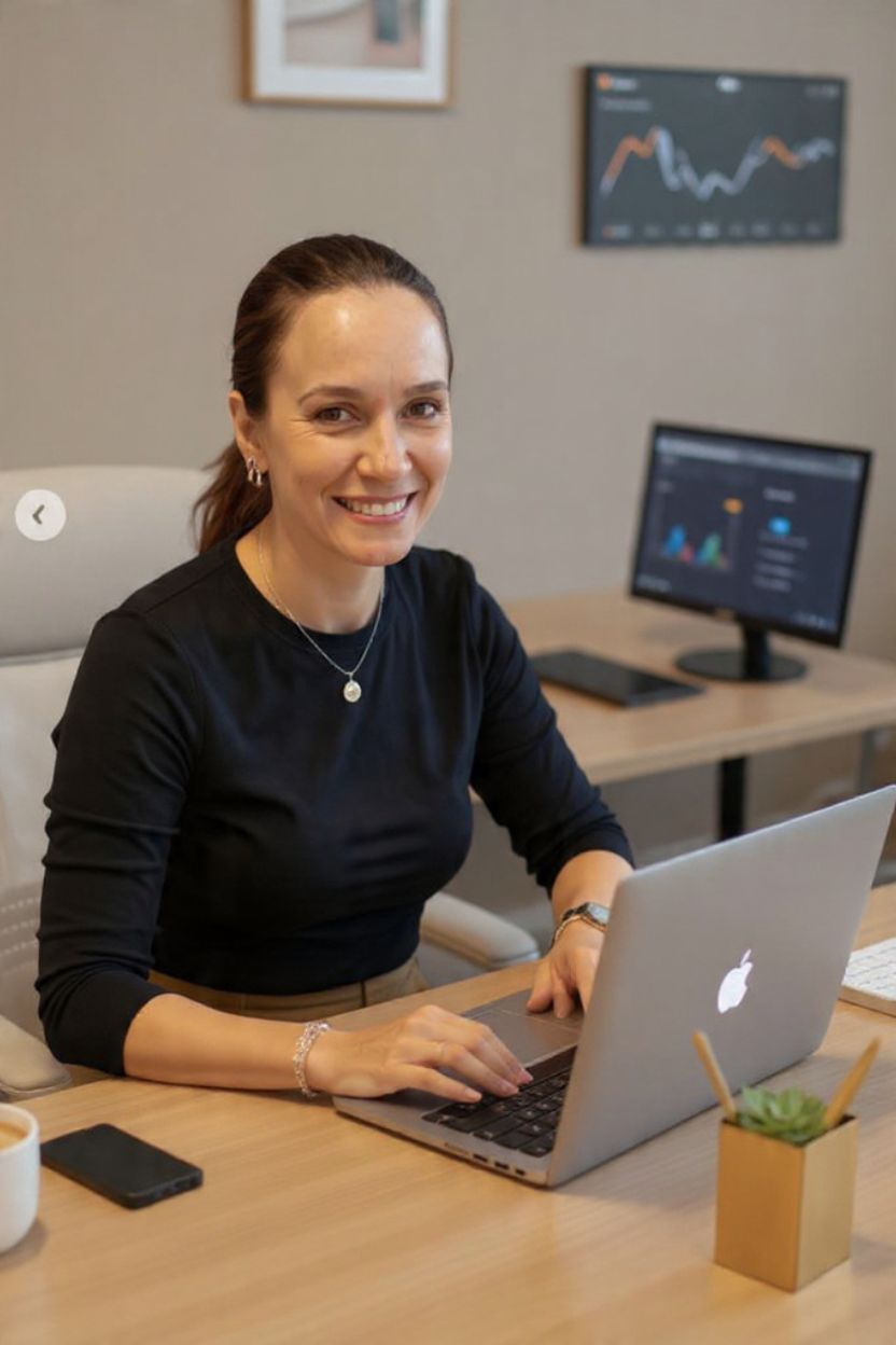 Profissional trabalhando com MacBook em home office analisando dashboards